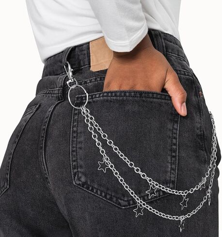 Star Chain, 13 Inch Pant Chains for Women, Men, Layered Belt Loop Chain for Jeans, Pocket, Rock Wallet, Bag, (Silver) in Saudi Arabia