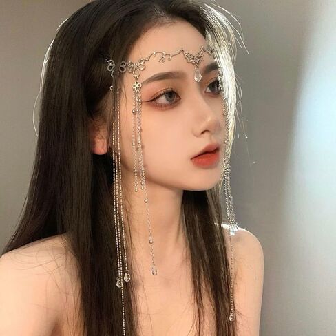 Vintage Tassel Head Chain, Crystal Teardrop Forehead Jewelry, Decorative Hair Accessory for Hanfu Style,Bridal Headdress (Head Chain-E) in Kuwait