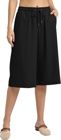 سراويل كابري من الكتان للنساء مرونة مرآة الخصر مرونة في السراويل الواسعة الساقين سراويل النساء مع جيوب in Kuwait