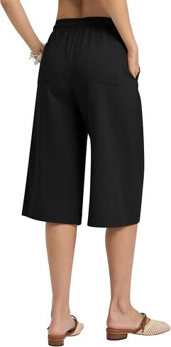 سراويل كابري من الكتان للنساء مرونة مرآة الخصر مرونة في السراويل الواسعة الساقين سراويل النساء مع جيوب in Kuwait