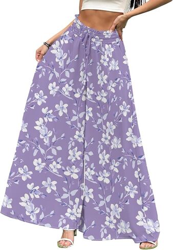 Women's Summer Elastic Waist Wide Leg Pants Lounge Long Palazzo Pants Solid Color Beach Trousers with Pocket in Saudi Arabia