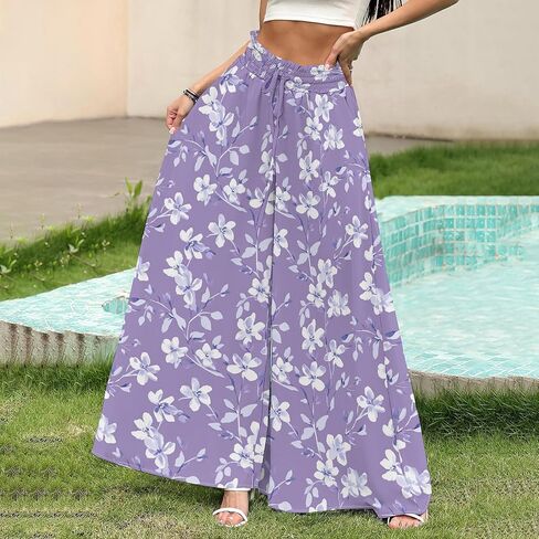 Women's Summer Elastic Waist Wide Leg Pants Lounge Long Palazzo Pants Solid Color Beach Trousers with Pocket in Saudi Arabia