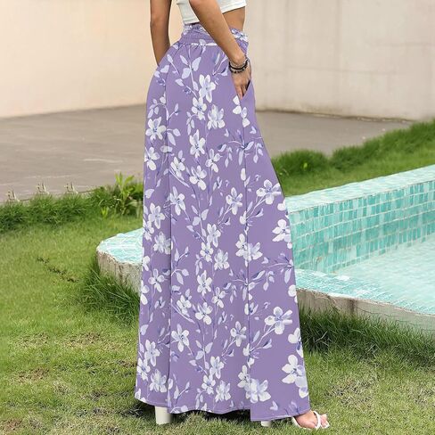 Women's Summer Elastic Waist Wide Leg Pants Lounge Long Palazzo Pants Solid Color Beach Trousers with Pocket in Saudi Arabia