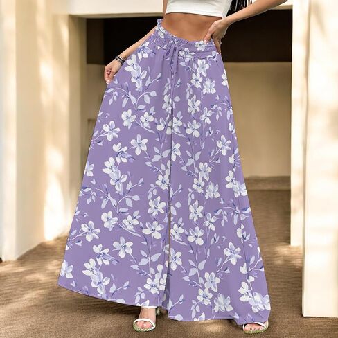 Women's Summer Elastic Waist Wide Leg Pants Lounge Long Palazzo Pants Solid Color Beach Trousers with Pocket in Saudi Arabia