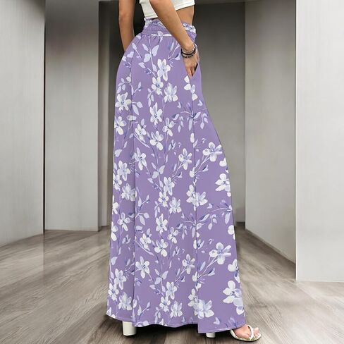 Women's Summer Elastic Waist Wide Leg Pants Lounge Long Palazzo Pants Solid Color Beach Trousers with Pocket in Saudi Arabia