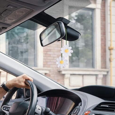 Sibba Crochet Daisy Car Accessories زهرة المنظر الخلفي إكسسوارات المرآة المصنوعة يدويًا سحر معلق هدايا متبكلة ديكور سيارة لطيف للسيارات الجمالية البوهو لعشاق الكروشيه in Saudi Arabia