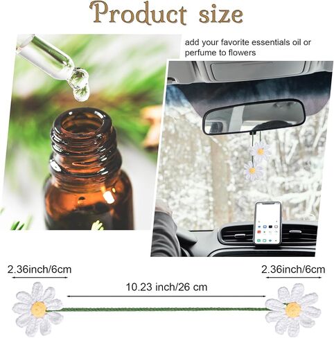 Sibba Crochet Daisy Car Accessories زهرة المنظر الخلفي إكسسوارات المرآة المصنوعة يدويًا سحر معلق هدايا متبكلة ديكور سيارة لطيف للسيارات الجمالية البوهو لعشاق الكروشيه in Saudi Arabia