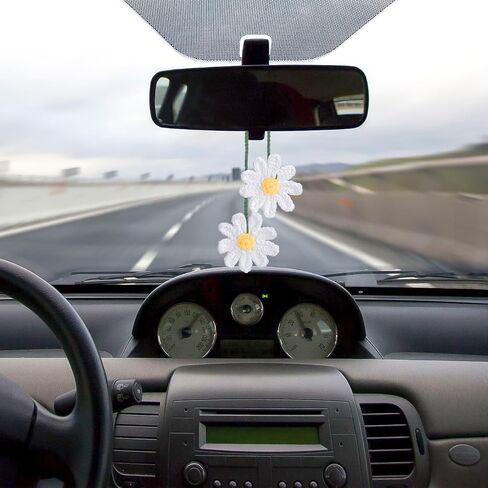 Sibba Crochet Daisy Car Accessories زهرة المنظر الخلفي إكسسوارات المرآة المصنوعة يدويًا سحر معلق هدايا متبكلة ديكور سيارة لطيف للسيارات الجمالية البوهو لعشاق الكروشيه in Saudi Arabia