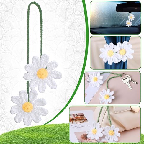 Sibba Crochet Daisy Car Accessories زهرة المنظر الخلفي إكسسوارات المرآة المصنوعة يدويًا سحر معلق هدايا متبكلة ديكور سيارة لطيف للسيارات الجمالية البوهو لعشاق الكروشيه in Saudi Arabia