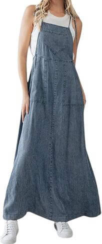 Chouyatou Women's 2025 Summer Spaghetti Strap Maxi Long Denim Dress Swing Flowy Jean Jumper Dress Comple in Saudi Arabia