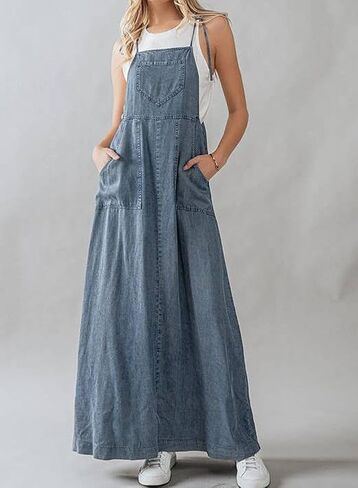 Chouyatou Women's 2025 Summer Spaghetti Strap Maxi Long Denim Dress Swing Flowy Jean Jumper Dress Comple in Saudi Arabia