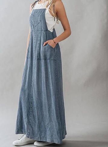 Chouyatou Women's 2025 Summer Spaghetti Strap Maxi Long Denim Dress Swing Flowy Jean Jumper Dress Comple in Saudi Arabia
