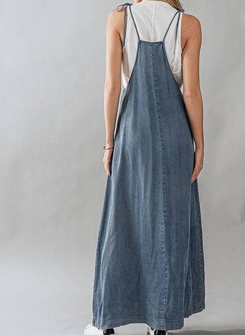 Chouyatou Women's 2025 Summer Spaghetti Strap Maxi Long Denim Dress Swing Flowy Jean Jumper Dress Comple in Saudi Arabia