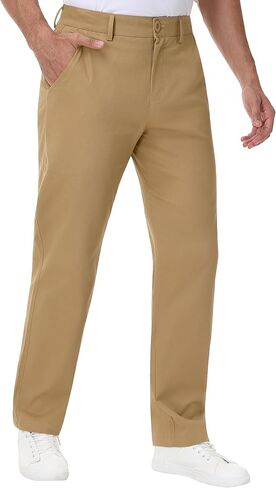 JWM Men's 30" 32" Stretch Chino Khaki Pants - Comfy Business Dress Casual Work Trousers Slacks Polo Pant with Zipper Pocket in Kuwait