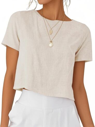 IDEALSANXUN Womens Short Sleeve Linen Shirts Casual Spring Summer Crewneck Cute Crop Beach Blouse Tops in Saudi Arabia