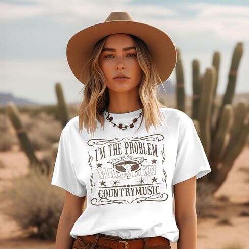 I'm The Problem T-Shirt Retro Steer Skull Western Shirts Country Music Tees Cowgirl Graphic Cowboy Tops in Saudi Arabia