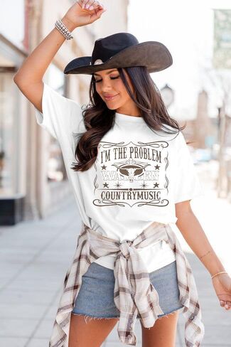 I'm The Problem T-Shirt Retro Steer Skull Western Shirts Country Music Tees Cowgirl Graphic Cowboy Tops in Saudi Arabia