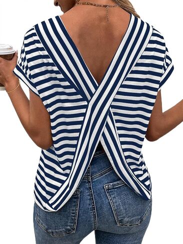 LilyCoco Womens Striped Open Back Tops Criss Cross Back Batwing Sleeve T Shirt in Kuwait