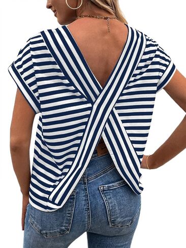 LilyCoco Womens Striped Open Back Tops Criss Cross Back Batwing Sleeve T Shirt in Kuwait