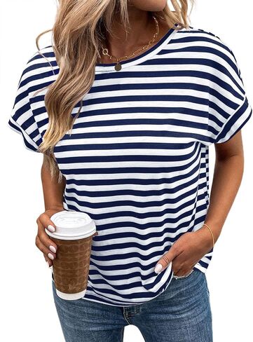 LilyCoco Womens Striped Open Back Tops Criss Cross Back Batwing Sleeve T Shirt in Kuwait