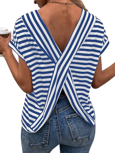 LilyCoco Womens Striped Open Back Tops Criss Cross Back Batwing Sleeve T Shirt in Kuwait