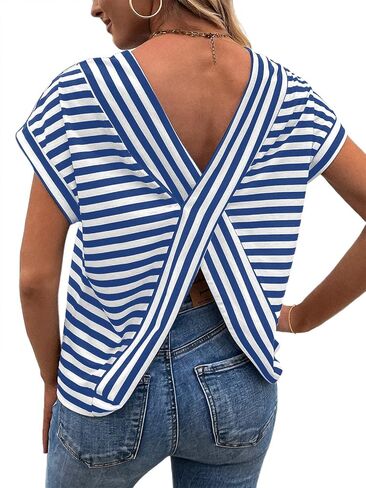 LilyCoco Womens Striped Open Back Tops Criss Cross Back Batwing Sleeve T Shirt in Kuwait