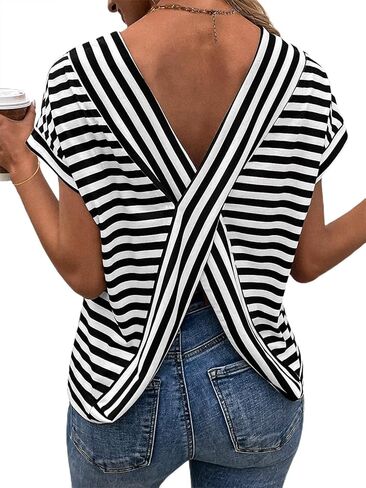 LilyCoco Womens Striped Open Back Tops Criss Cross Back Batwing Sleeve T Shirt in Kuwait