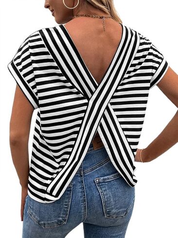 LilyCoco Womens Striped Open Back Tops Criss Cross Back Batwing Sleeve T Shirt in Kuwait