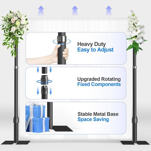 طقم حامل خلفية للأنابيب والستائر، خلفية شديدة التحمل مقاس 10أقدام × 10أقدام، حامل خلفية قابل للتعديل للتصوير الفوتوغرافي وحفلات الزفاف والحفلات وتزيين الأحداث - أسود in Kuwait