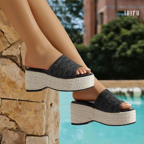 Idifu in3 منصة Espadrille Wedge For Women Square Open Toe Slip on Wedge Shoes Dary Low Low -heeled Sandal Mostical Nasual Strendy Summer Beach Hacal Walking Slide Women in Kuwait