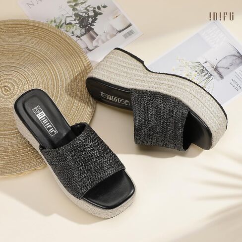 Idifu in3 منصة Espadrille Wedge For Women Square Open Toe Slip on Wedge Shoes Dary Low Low -heeled Sandal Mostical Nasual Strendy Summer Beach Hacal Walking Slide Women in Kuwait