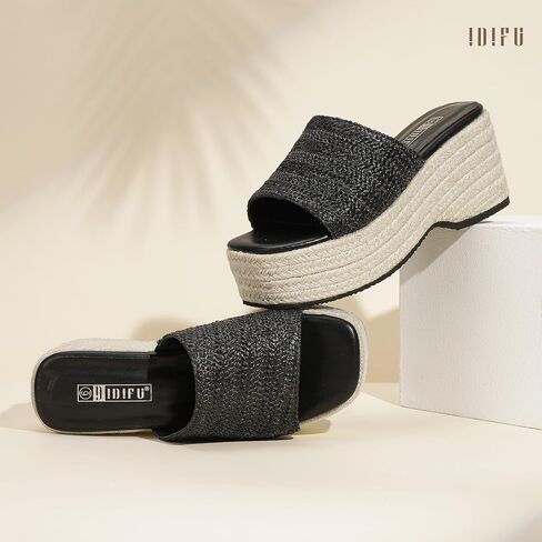 Idifu in3 منصة Espadrille Wedge For Women Square Open Toe Slip on Wedge Shoes Dary Low Low -heeled Sandal Mostical Nasual Strendy Summer Beach Hacal Walking Slide Women in Kuwait