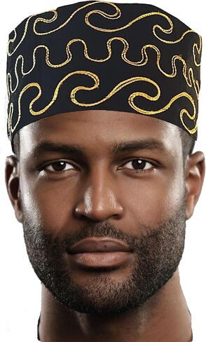 Dupsie's Adebayo African Black Kufi Hat مع تطريز الذهب in Kuwait