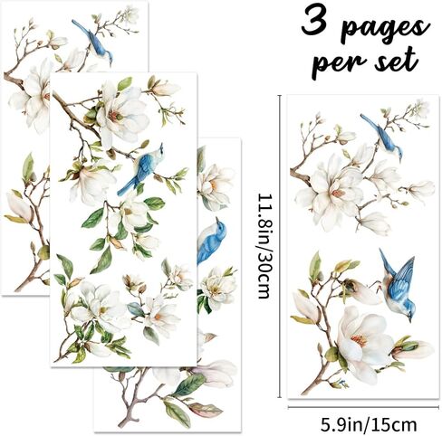 3 Sheet Floral Furniture Transfers 6"x12" Rub on Vintage Flower Rub on Transfers Waterproof Retro Watercolor Magnolia Rub on Transfer Stickers Decals for Wood Glass Door Wall Home Decor in Kuwait