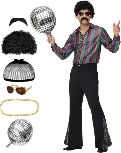 70s Disco Outfits for Men - Retro Bell Bottom Pants & Glitter Shirt Set with 70s accessories in Saudi Arabia