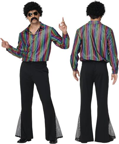 70s Disco Outfits for Men - Retro Bell Bottom Pants & Glitter Shirt Set with 70s accessories in Saudi Arabia