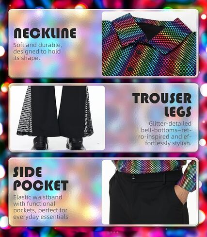 70s Disco Outfits for Men - Retro Bell Bottom Pants & Glitter Shirt Set with 70s accessories in Saudi Arabia