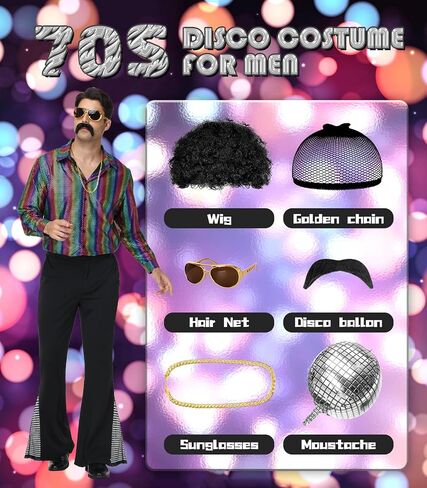 70s Disco Outfits for Men - Retro Bell Bottom Pants & Glitter Shirt Set with 70s accessories in Saudi Arabia