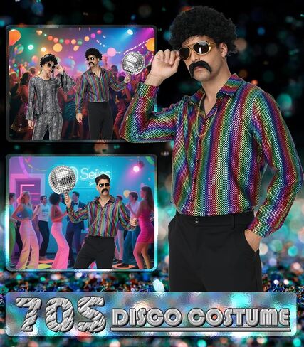 70s Disco Outfits for Men - Retro Bell Bottom Pants & Glitter Shirt Set with 70s accessories in Saudi Arabia