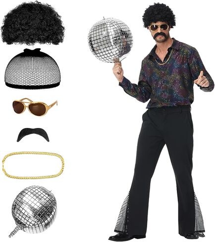 70s Disco Outfits for Men - Retro Bell Bottom Pants & Glitter Shirt Set with 70s accessories in Saudi Arabia