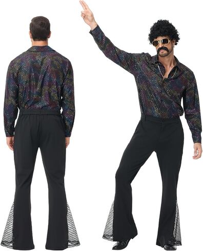 70s Disco Outfits for Men - Retro Bell Bottom Pants & Glitter Shirt Set with 70s accessories in Saudi Arabia