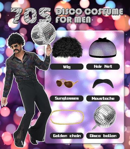70s Disco Outfits for Men - Retro Bell Bottom Pants & Glitter Shirt Set with 70s accessories in Saudi Arabia