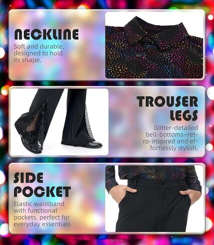 70s Disco Outfits for Men - Retro Bell Bottom Pants & Glitter Shirt Set with 70s accessories in Saudi Arabia