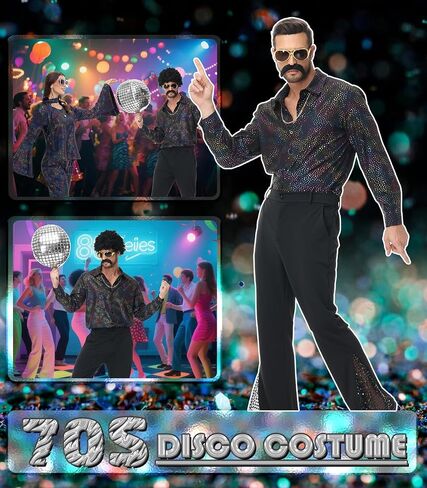 70s Disco Outfits for Men - Retro Bell Bottom Pants & Glitter Shirt Set with 70s accessories in Saudi Arabia