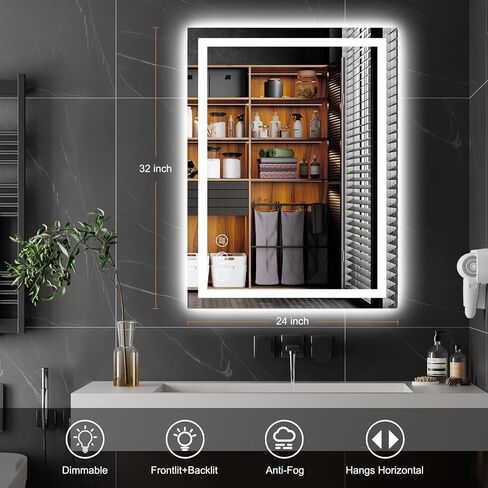 LED Bathroom Mirror with Lights, Wall-Mounted Vanity Mirror 24 * 32Inch with Front and Backlight Anti-Fog,Dimmable Bathroom Memory Function Tempered Glass Mirror for Over Sink in Saudi Arabia