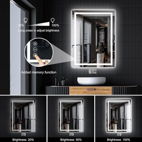 LED Bathroom Mirror with Lights, Wall-Mounted Vanity Mirror 24 * 32Inch with Front and Backlight Anti-Fog,Dimmable Bathroom Memory Function Tempered Glass Mirror for Over Sink in Saudi Arabia