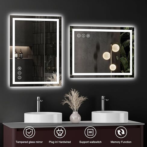 LED Bathroom Mirror with Lights, Wall-Mounted Vanity Mirror 24 * 32Inch with Front and Backlight Anti-Fog,Dimmable Bathroom Memory Function Tempered Glass Mirror for Over Sink in Saudi Arabia
