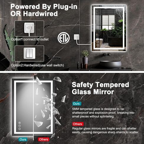 LED Bathroom Mirror with Lights, Wall-Mounted Vanity Mirror 24 * 32Inch with Front and Backlight Anti-Fog,Dimmable Bathroom Memory Function Tempered Glass Mirror for Over Sink in Saudi Arabia