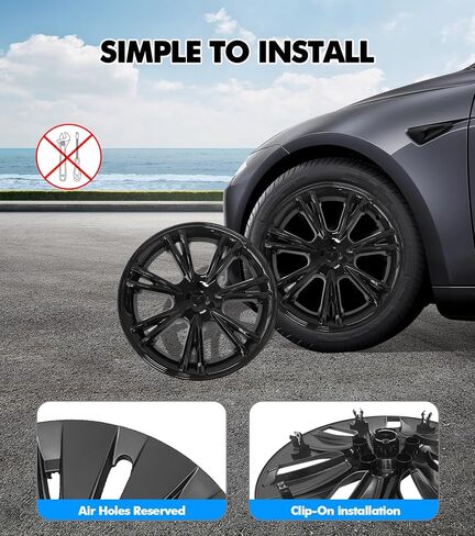 PM Auto Set من 4 عجلات يغطي Sport Hubcaps Gloss Black لعام 2017-2024 Tesla Model Y 19 بوصة in Kuwait