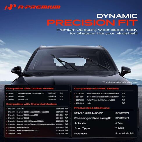 A-Premium Pack of 2 Windshield Wiper Blades with Wear Indicator & Towel - Compatible with Chevrolet Silverado 1500 LD, Tahoe, Suburban & GMC Sierra 2500 3500 HD - 22" and 22", TL2/TLP Connector in Saudi Arabia
